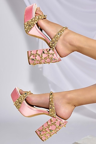 Blush Pink Artificial Satin Pearl & Glass Beads Embellished Block Heels by Papa Don't Preach by Shubhika Footwear
