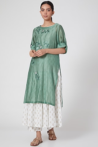 Mehendi Green Silk Chanderi Kurta Set by Prama by Pratima Pandey