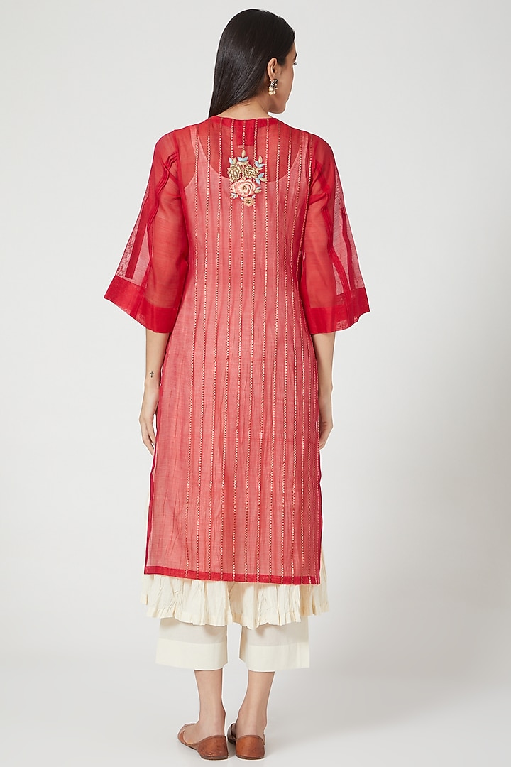 Red Handwoven Chikankari Kurta Set by Prama by Pratima Pandey at Pernia's Pop Up Shop