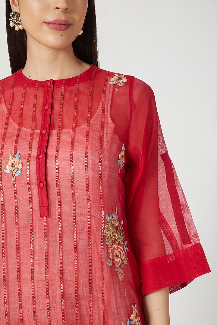 Red Handwoven Chikankari Kurta Set by Prama by Pratima Pandey at Pernia's Pop Up Shop