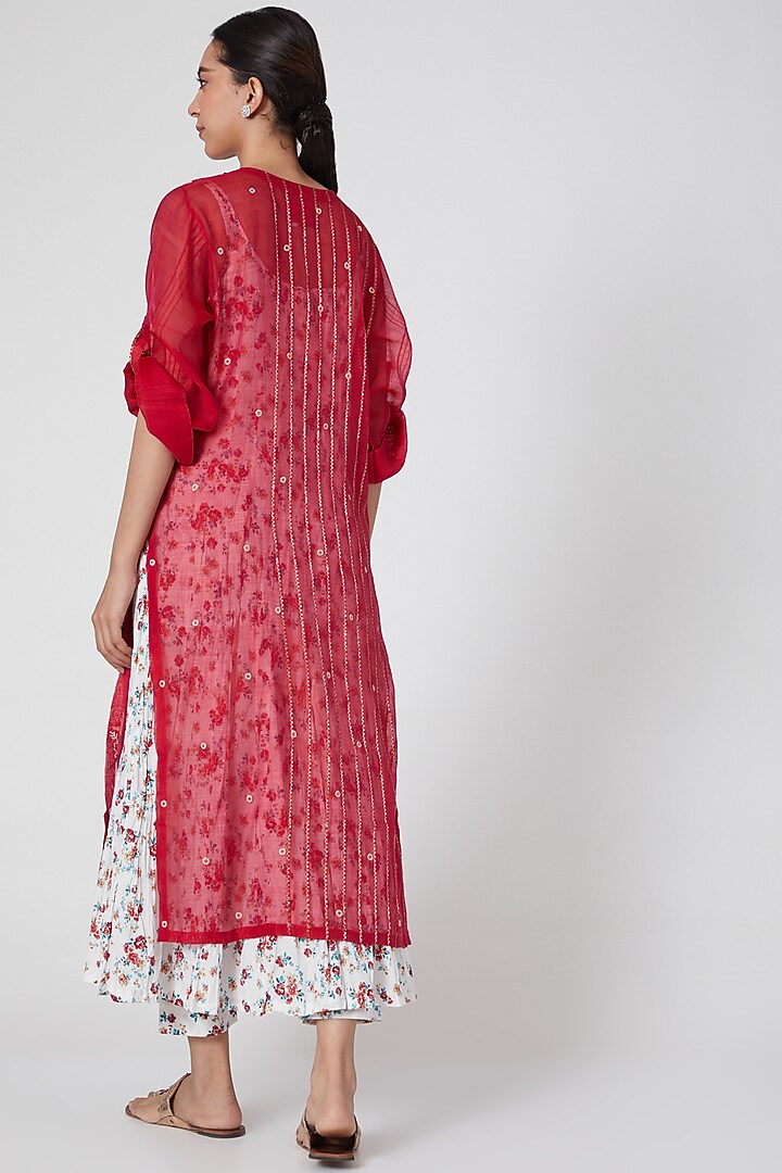 Red Handwoven Chikankari Striped Kurta Set by Prama by Pratima Pandey at Pernia's Pop Up Shop