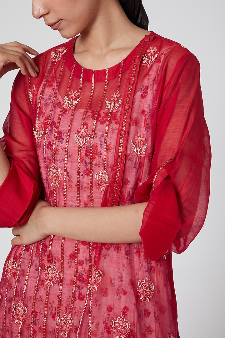 Red Handwoven Chikankari Striped Kurta Set by Prama by Pratima Pandey at Pernia's Pop Up Shop