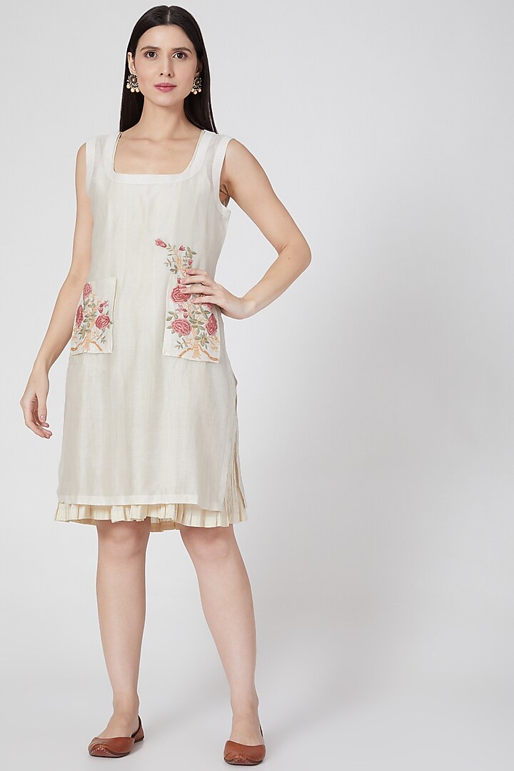 Ivory Embroidered Short Vacation Dress With Slip by Prama by Pratima Pandey at Pernia's Pop Up Shop