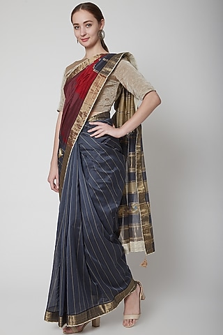 Blue & Red Zari Embroidered Saree Set by Prama by Pratima Pandey