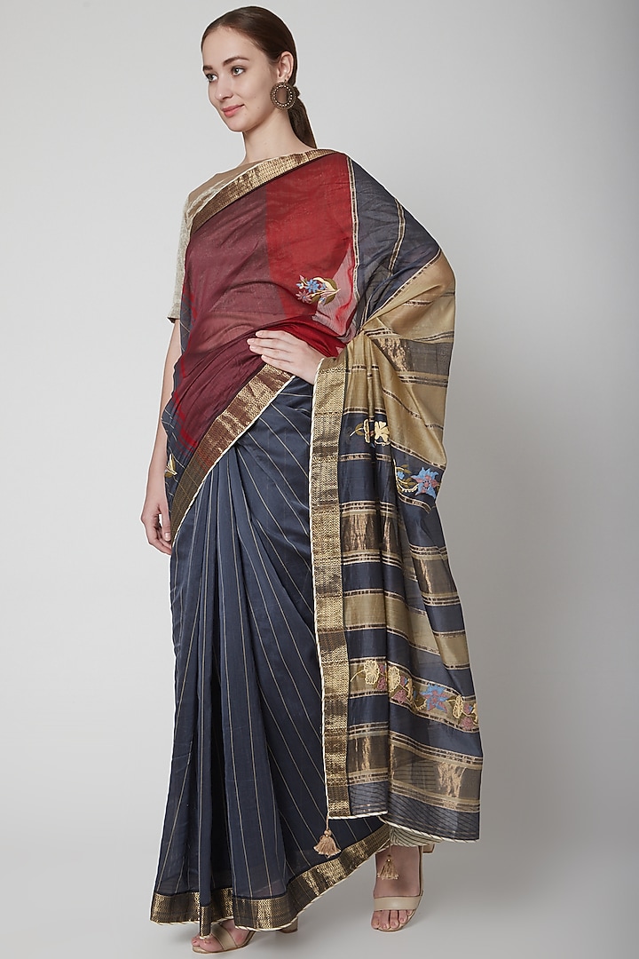 Blue & Red Zari Embroidered Party Wear Saree Set by Prama by Pratima Pandey at Pernia's Pop Up Shop