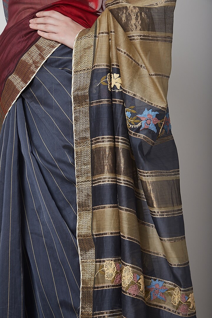 Blue & Red Zari Embroidered Party Wear Saree Set by Prama by Pratima Pandey at Pernia's Pop Up Shop