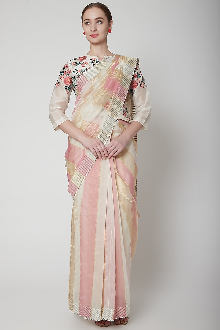 Pink Embroidered & Striped Saree Set by Prama by Pratima Pandey