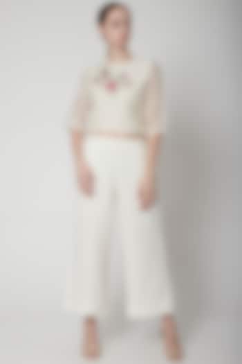 Ivory Embroidered Crop Top With Pants by Prama by Pratima Pandey