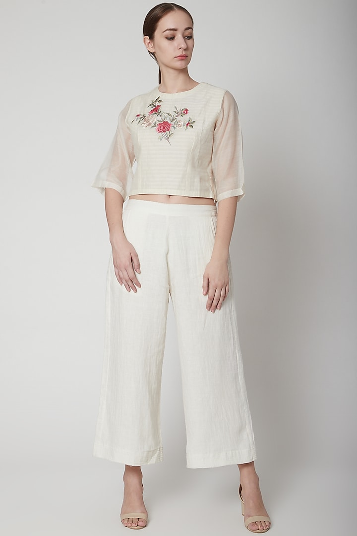 Ivory Embroidered Crop Top With Pants by Prama by Pratima Pandey