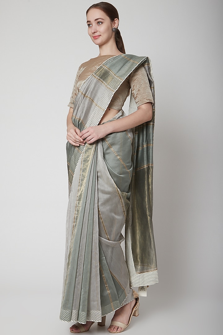 Grey & Gold Embroidered Party Wear Saree Set by Prama by Pratima Pandey at Pernia's Pop Up Shop