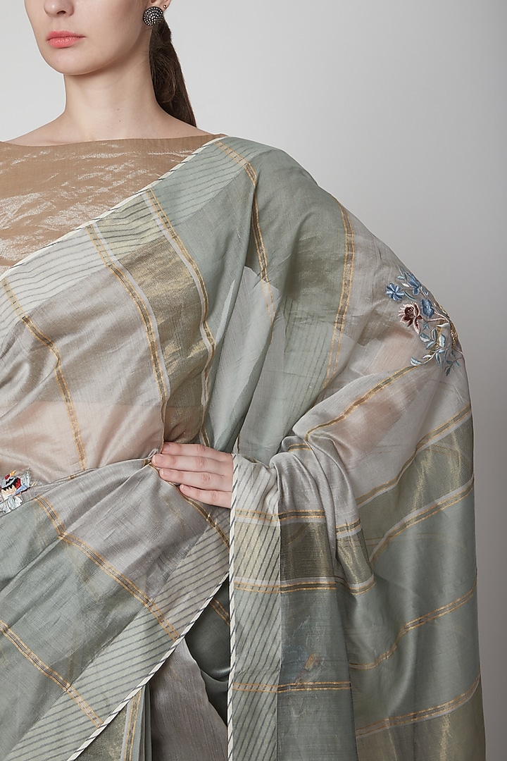 Grey & Gold Embroidered Party Wear Saree Set by Prama by Pratima Pandey at Pernia's Pop Up Shop