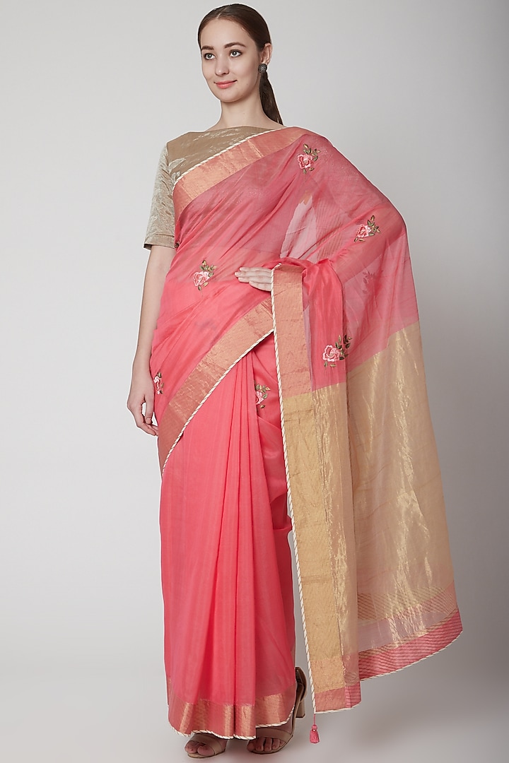 Pink & Gold Embroidered Saree Set by Prama by Pratima Pandey