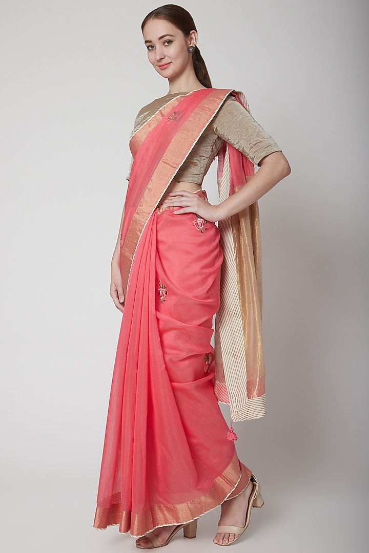 Pink & Gold Embroidered Party Wear Saree Set by Prama by Pratima Pandey at Pernia's Pop Up Shop