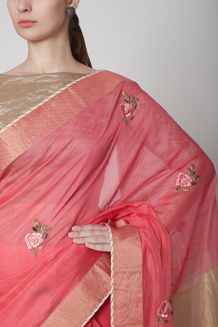 Pink & Gold Embroidered Party Wear Saree Set by Prama by Pratima Pandey at Pernia's Pop Up Shop