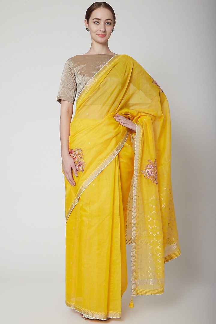 Yellow Handwoven Silk Chanderi Floral Embroidered Saree Set by Prama by Pratima Pandey