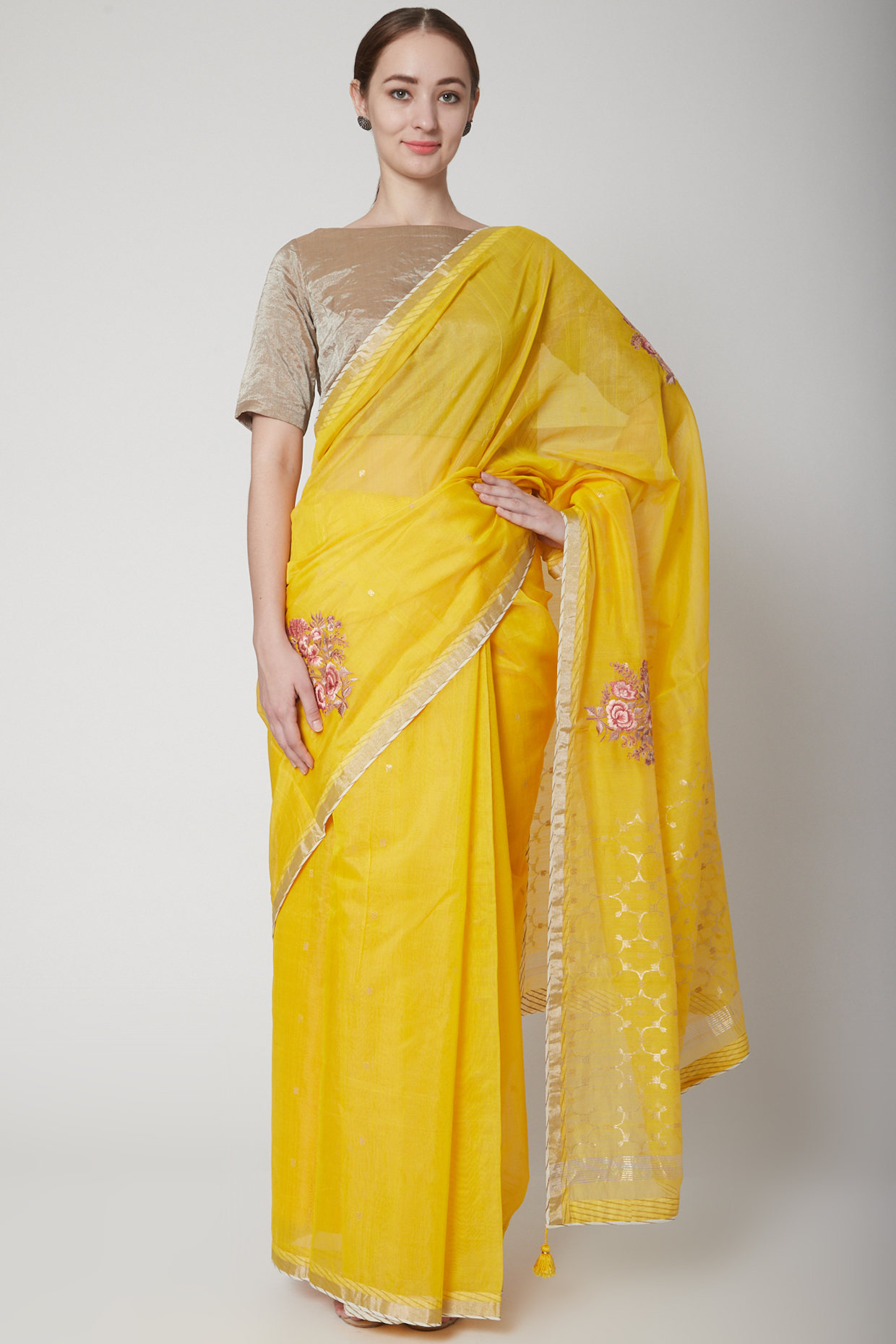 Yellow Handwoven Silk Chanderi Floral Embroidered Party Wear Saree Set by Prama by Pratima Pandey at Pernia's Pop Up Shop