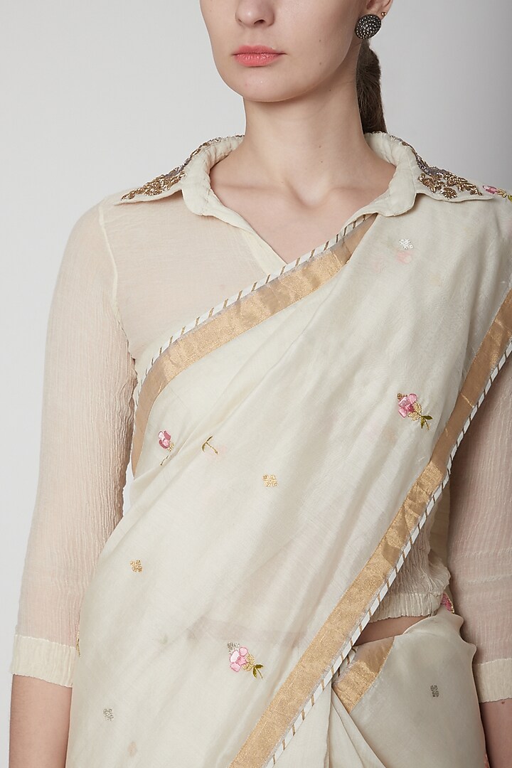 Ivory Zardosi Embroidered Wedding Saree Set by Prama by Pratima Pandey at Pernia's Pop Up Shop