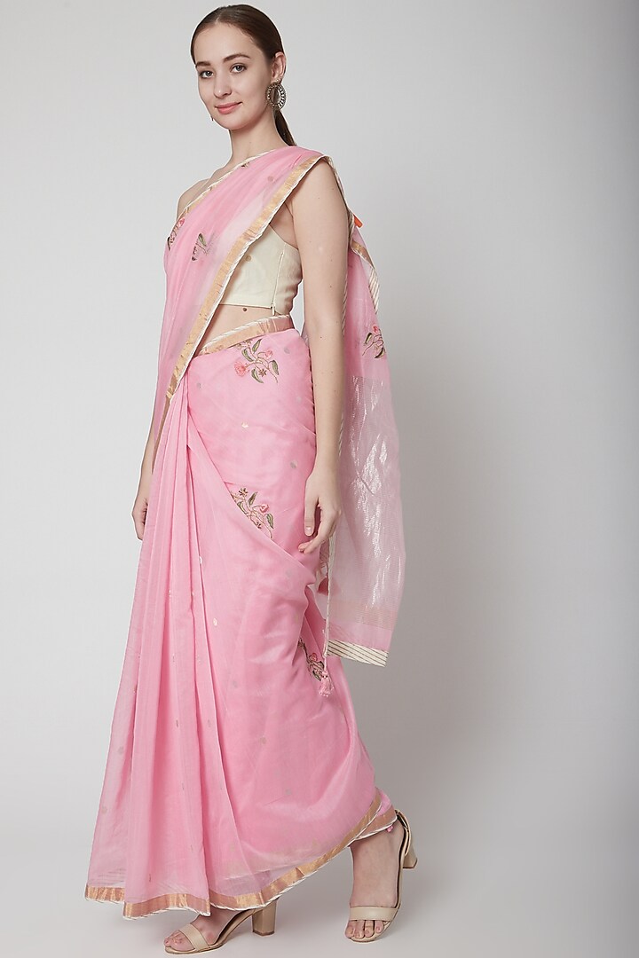 Pink & White Embroidered Saree Set by Prama by Pratima Pandey