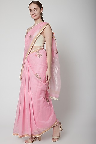 Pink & White Embroidered Saree Set by Prama by Pratima Pandey