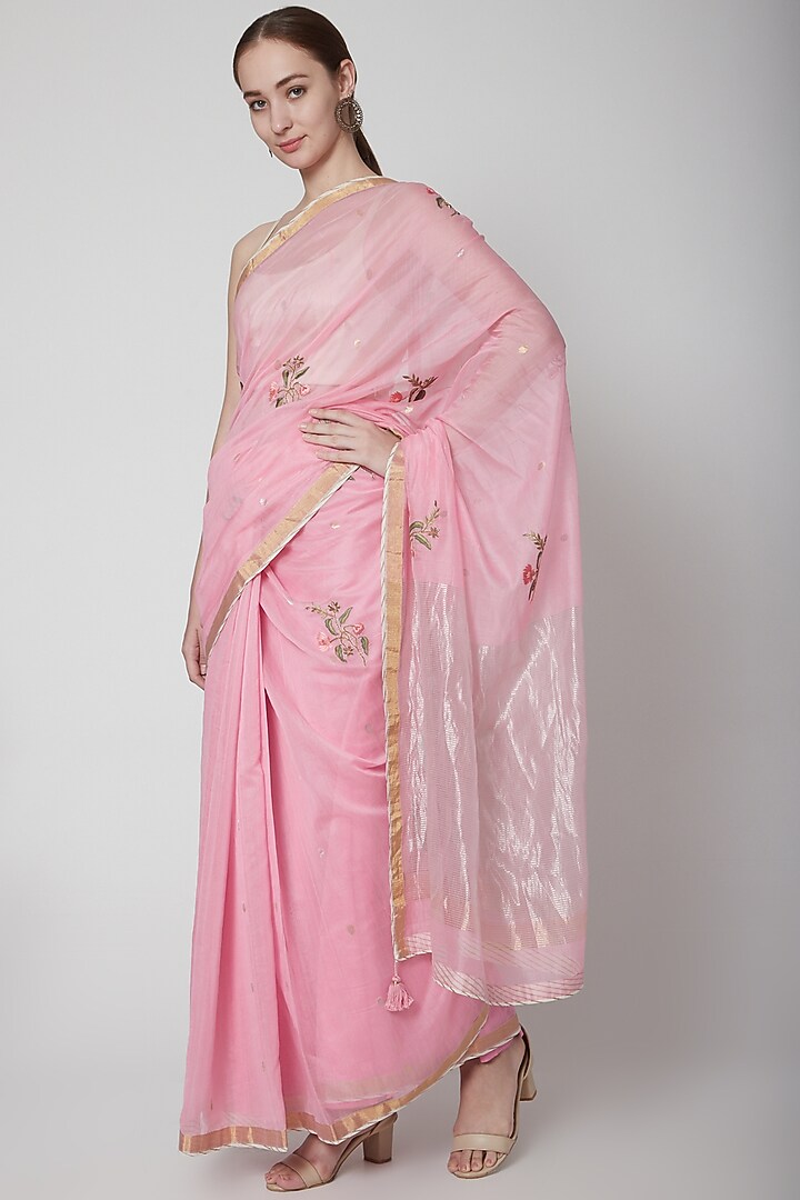 Pink & White Embroidered Party Wear Saree Set by Prama by Pratima Pandey at Pernia's Pop Up Shop