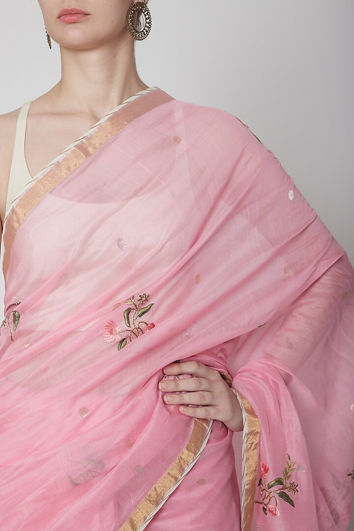 Pink & White Embroidered Party Wear Saree Set by Prama by Pratima Pandey at Pernia's Pop Up Shop