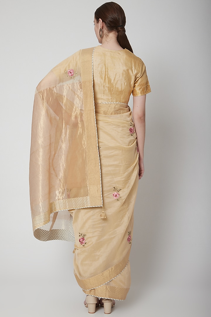 Beige & Gold Zardosi Embroidered Party Wear Saree Set by Prama by Pratima Pandey at Pernia's Pop Up Shop