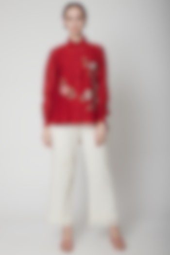 Red Embroidered Shirt With White Pants by Prama by Pratima Pandey