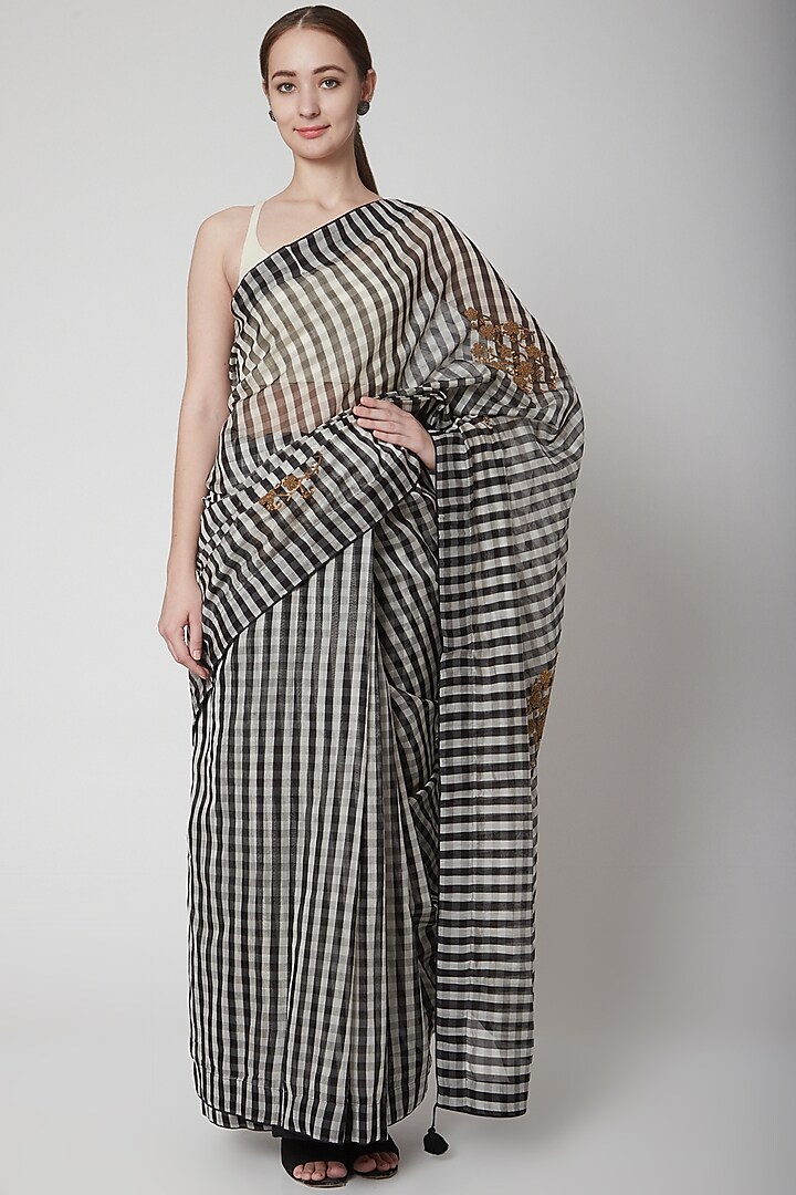 Black & White Party Wear Saree Set With Checks by Prama by Pratima Pandey at Pernia's Pop Up Shop