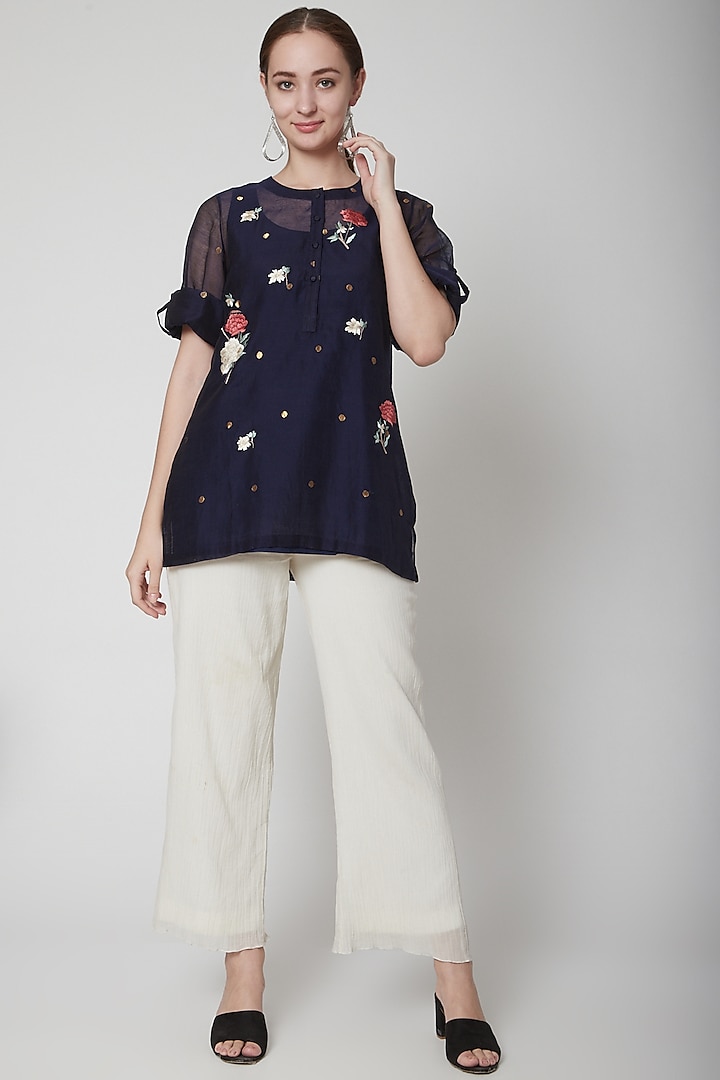 Blue Embroidered Shirt With White Pants by Prama by Pratima Pandey