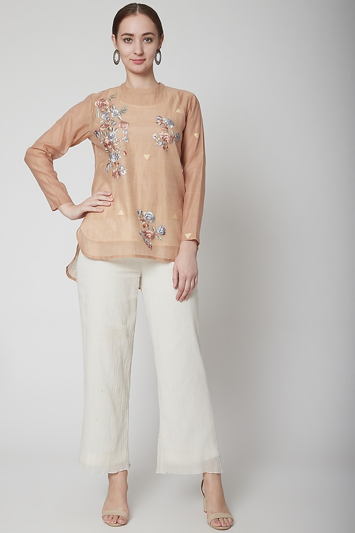 Beige Embroidered Shirt With White Pants by Prama by Pratima Pandey