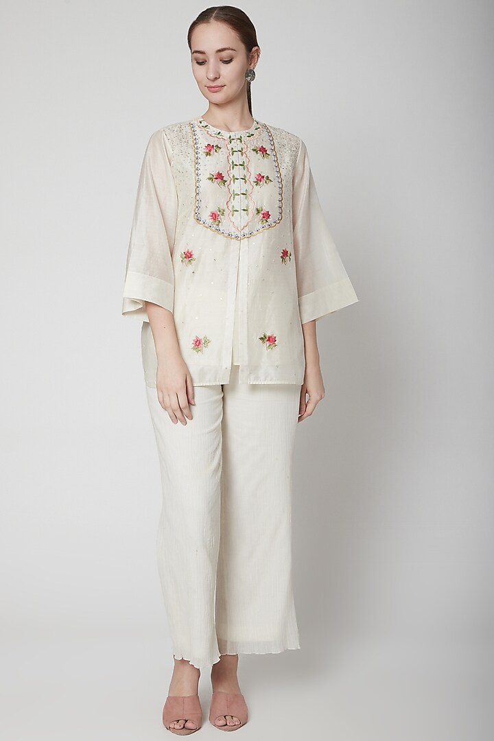 Ivory Sequins Embroidered Shirt With Pants by Prama by Pratima Pandey