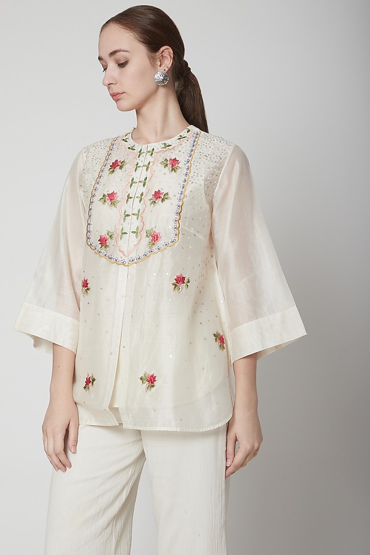 Ivory Sequins Embroidered Shirt With Pants by Prama by Pratima Pandey at Pernia's Pop Up Shop