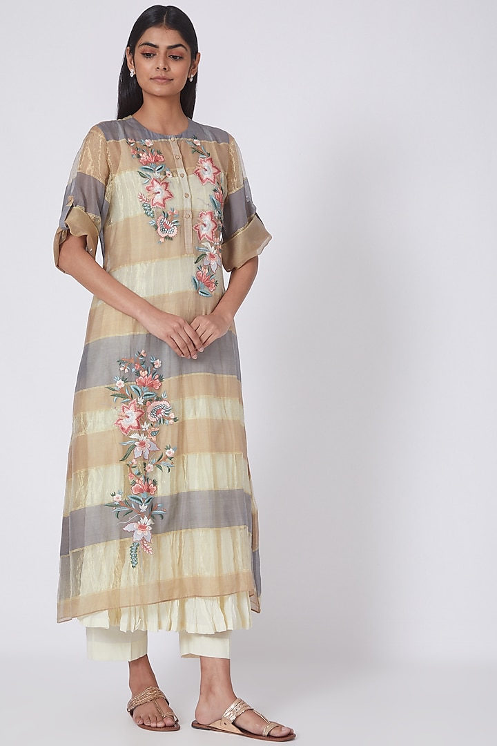 Grey & Beige Zardosi Embroidered Dress by Prama by Pratima Pandey
