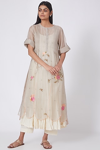 Grey Silk Kurta Set by Prama by Pratima Pandey