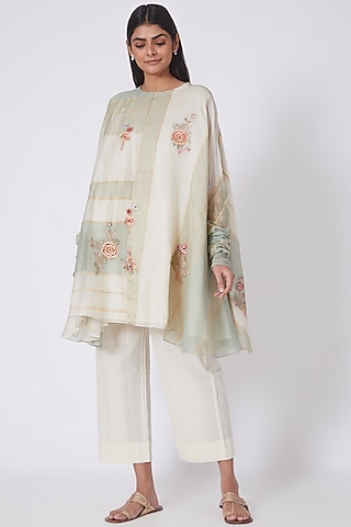 Turquoise Maheshwari Silk Tunic Set by Prama by Pratima Pandey