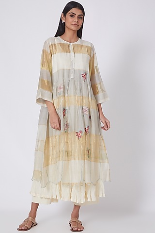 Turquoise & Ivory Embroidered Tunic Set by Prama by Pratima Pandey