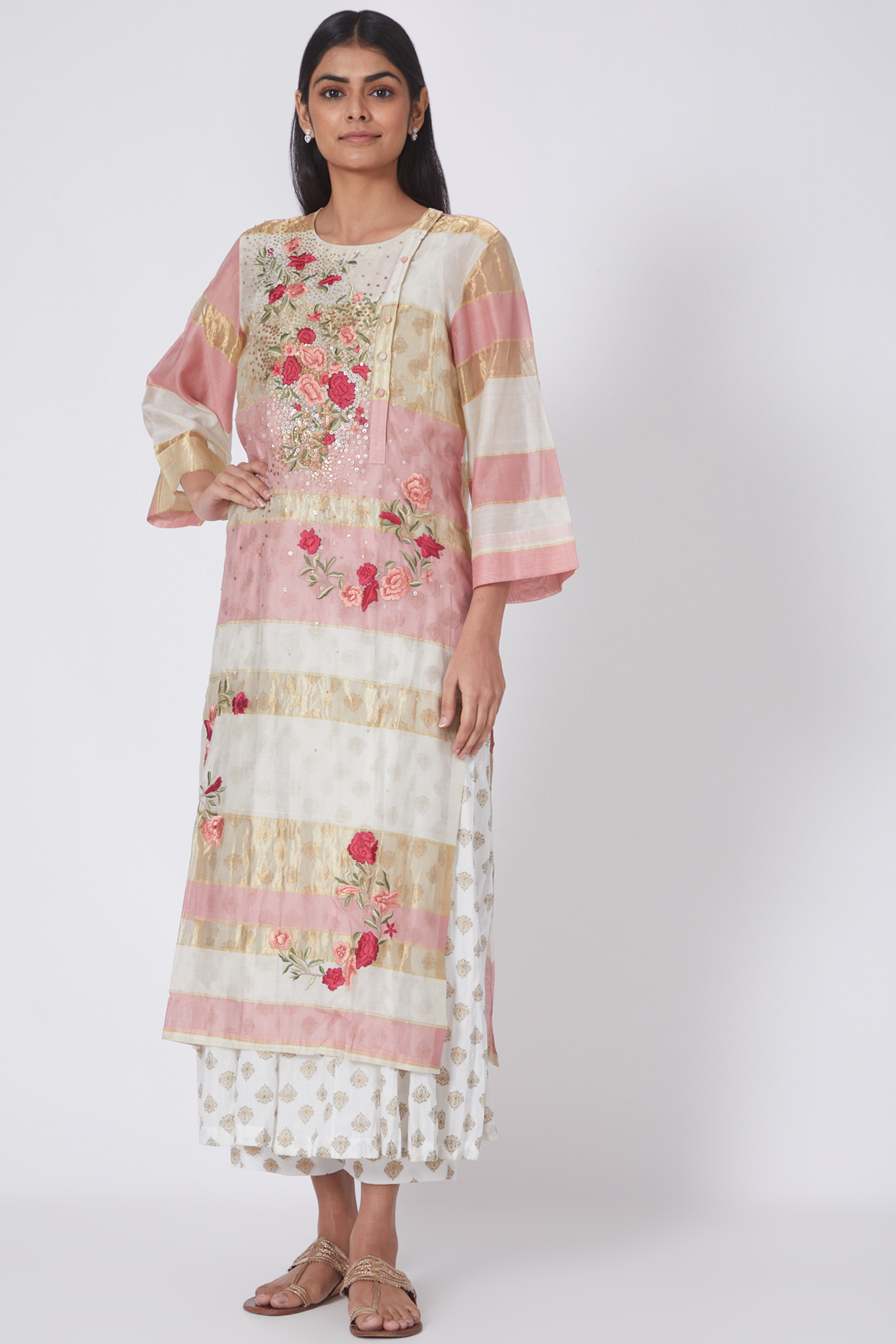 Blush Pink & Ivory Maheshwari Silk Kurta Set by Prama by Pratima Pandey