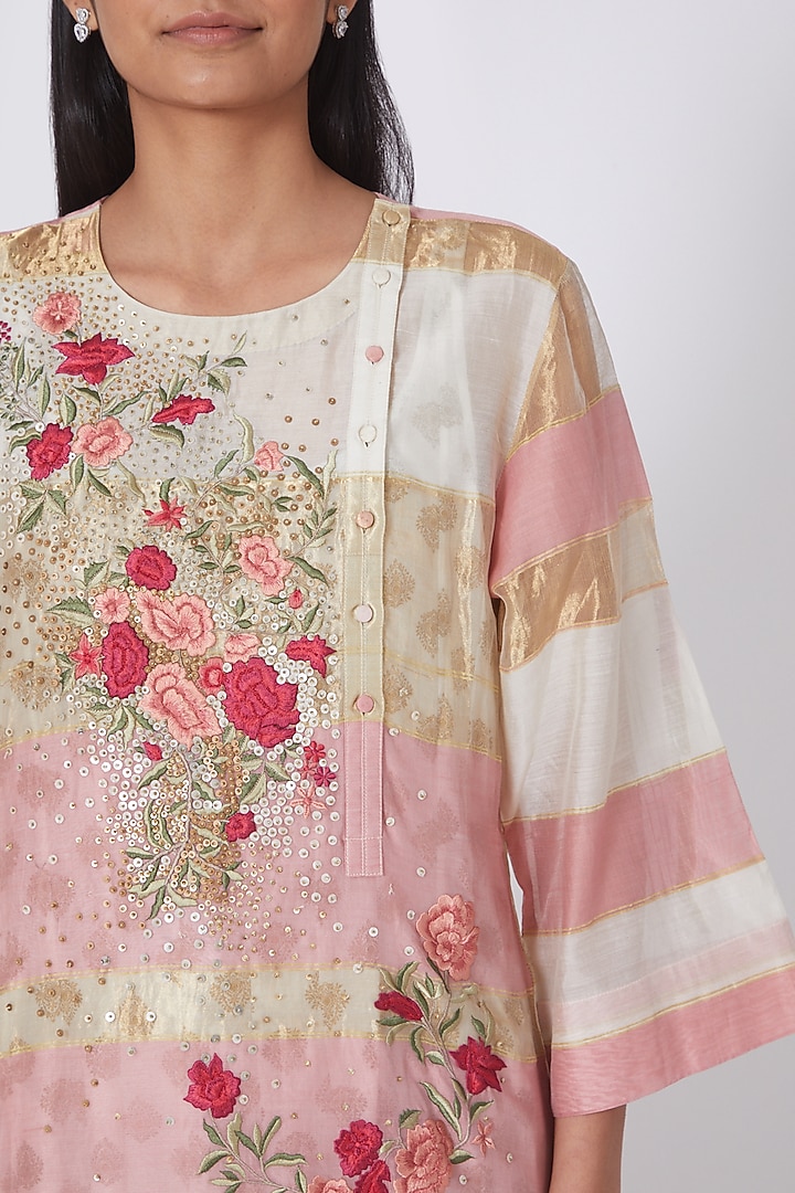 Blush Pink & Ivory Maheshwari Silk Kurta Set by Prama by Pratima Pandey at Pernia's Pop Up Shop