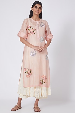 Blush Pink Silk Chanderi Kurta Set by Prama by Pratima Pandey