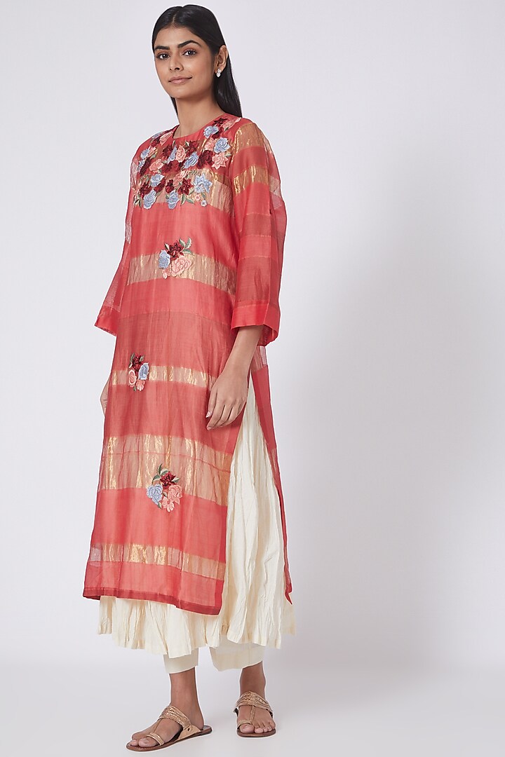 Red & Gold Floral Embroidered Kurta Set by Prama by Pratima Pandey