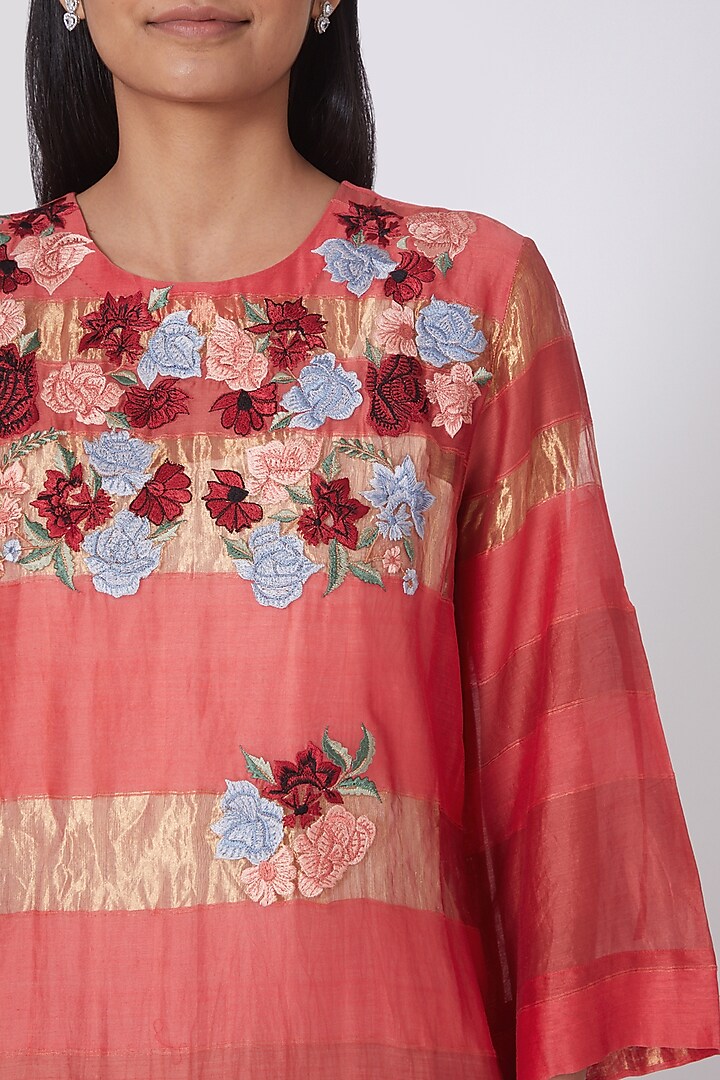 Red & Gold Floral Embroidered Kurta Set by Prama by Pratima Pandey at Pernia's Pop Up Shop
