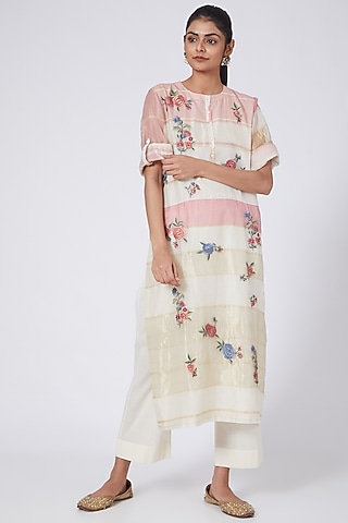 Pink & Ivory Embroidered Kurta Set by Prama by Pratima Pandey