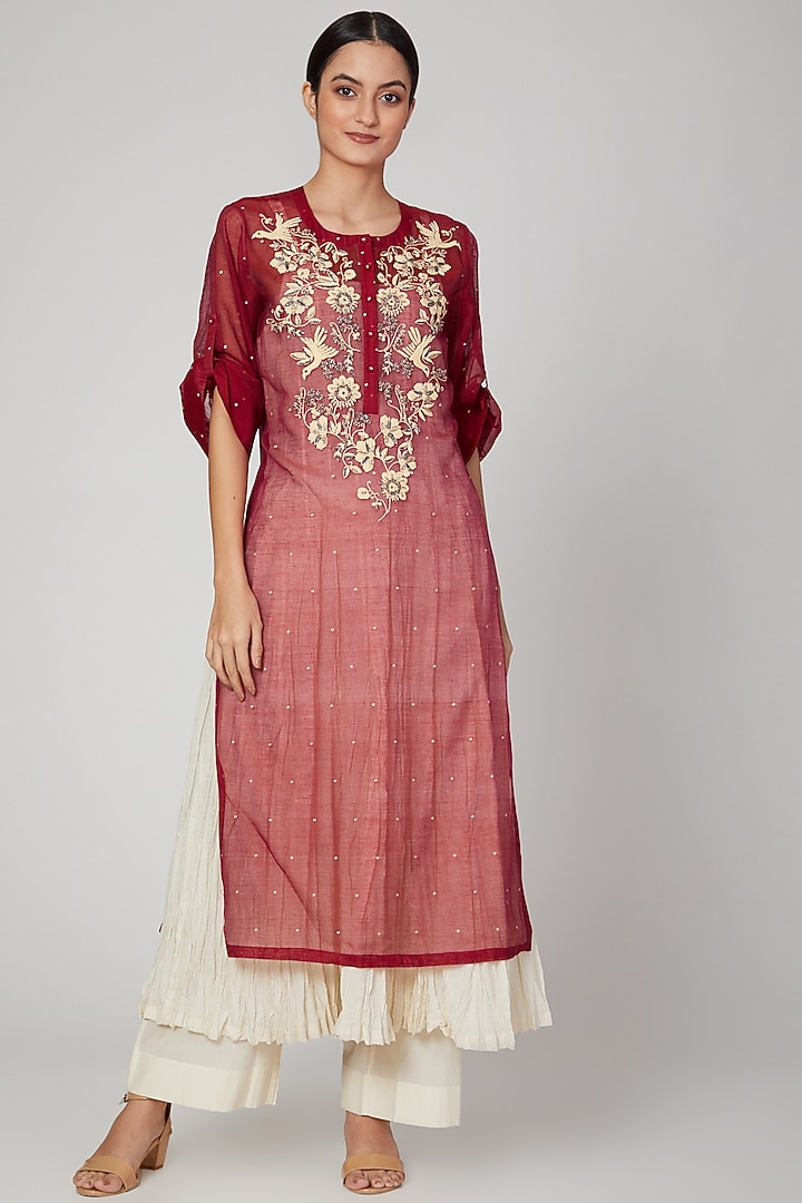 Maroon Embroidered Kurta With Pants by Prama by Pratima Pandey at Pernia's Pop Up Shop