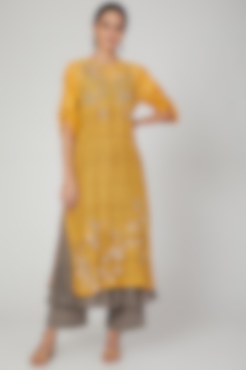 Mustard Parsi Embroidered Kurta With Pants by Prama by Pratima Pandey at Pernia's Pop Up Shop