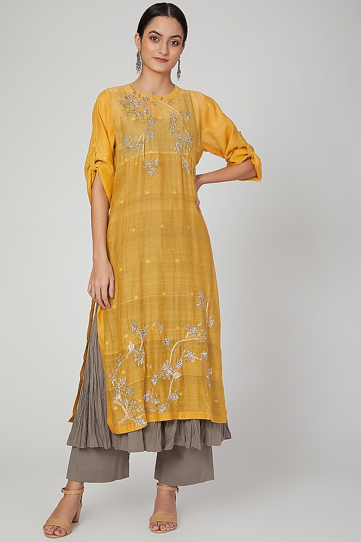 Mustard Parsi Embroidered Kurta With Pants by Prama by Pratima Pandey at Pernia's Pop Up Shop
