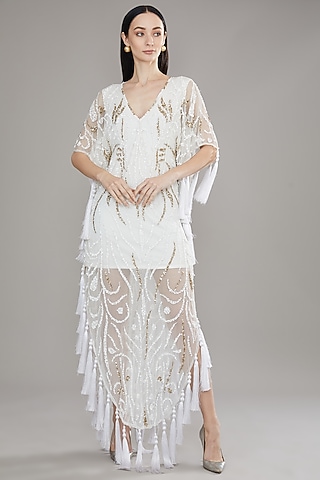 White Cutdana Embellished Kaftan by PETERPAN TRINKETS