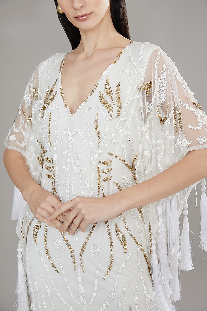 White Cutdana Embellished Kaftan by PETERPAN TRINKETS at Pernia's Pop Up Shop