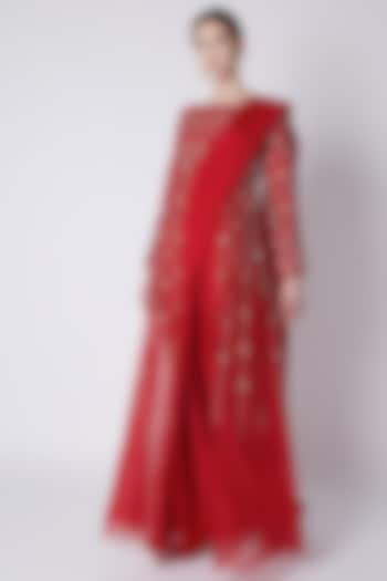 Red Raw Silk & Crepe Embroidered Jacket Saree Set by MASUMI MEWAWALLA