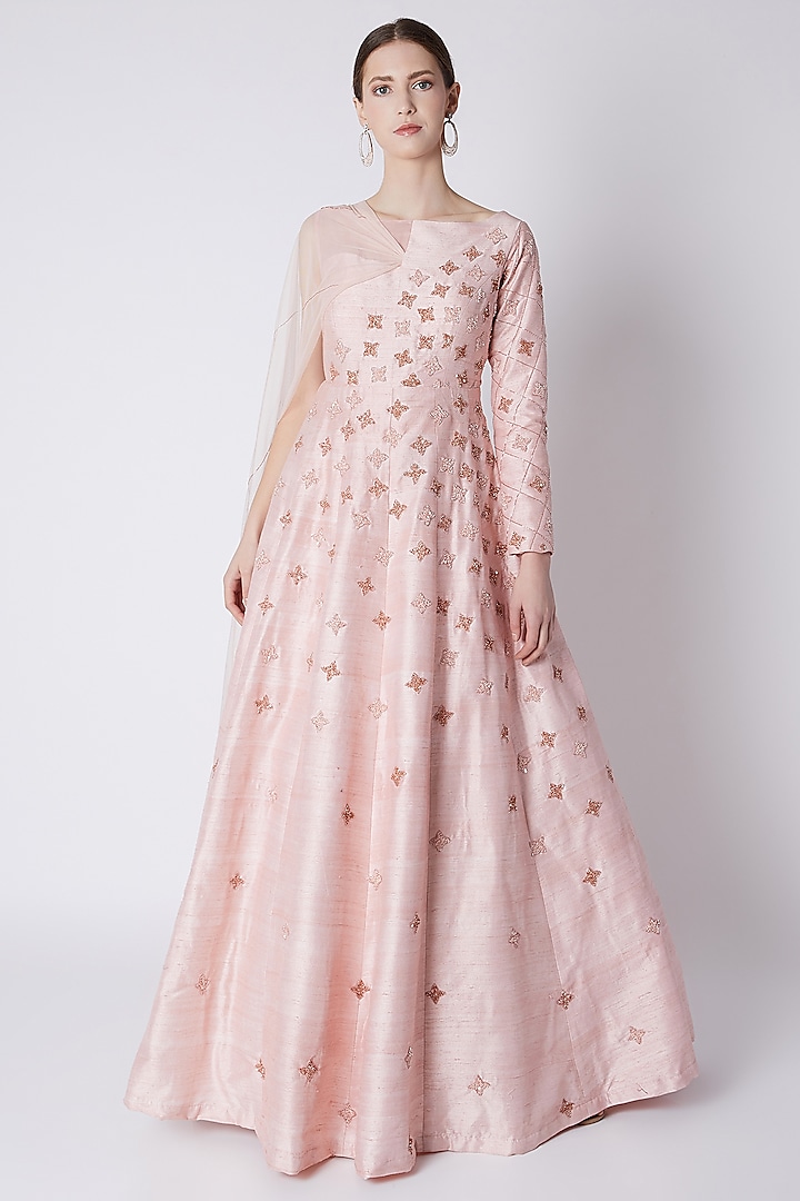 Rose Pink Draped Embroidered Gown by MASUMI MEWAWALLA