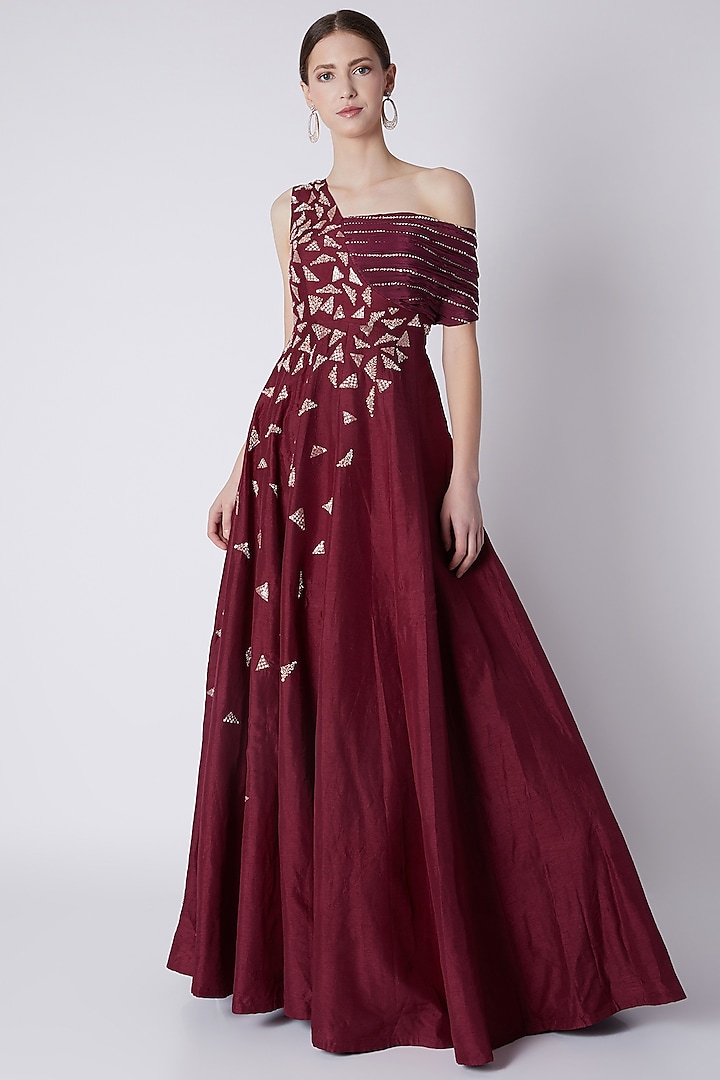 Maroon Sequins Embroidered Gown by Pink Peacock Couture
